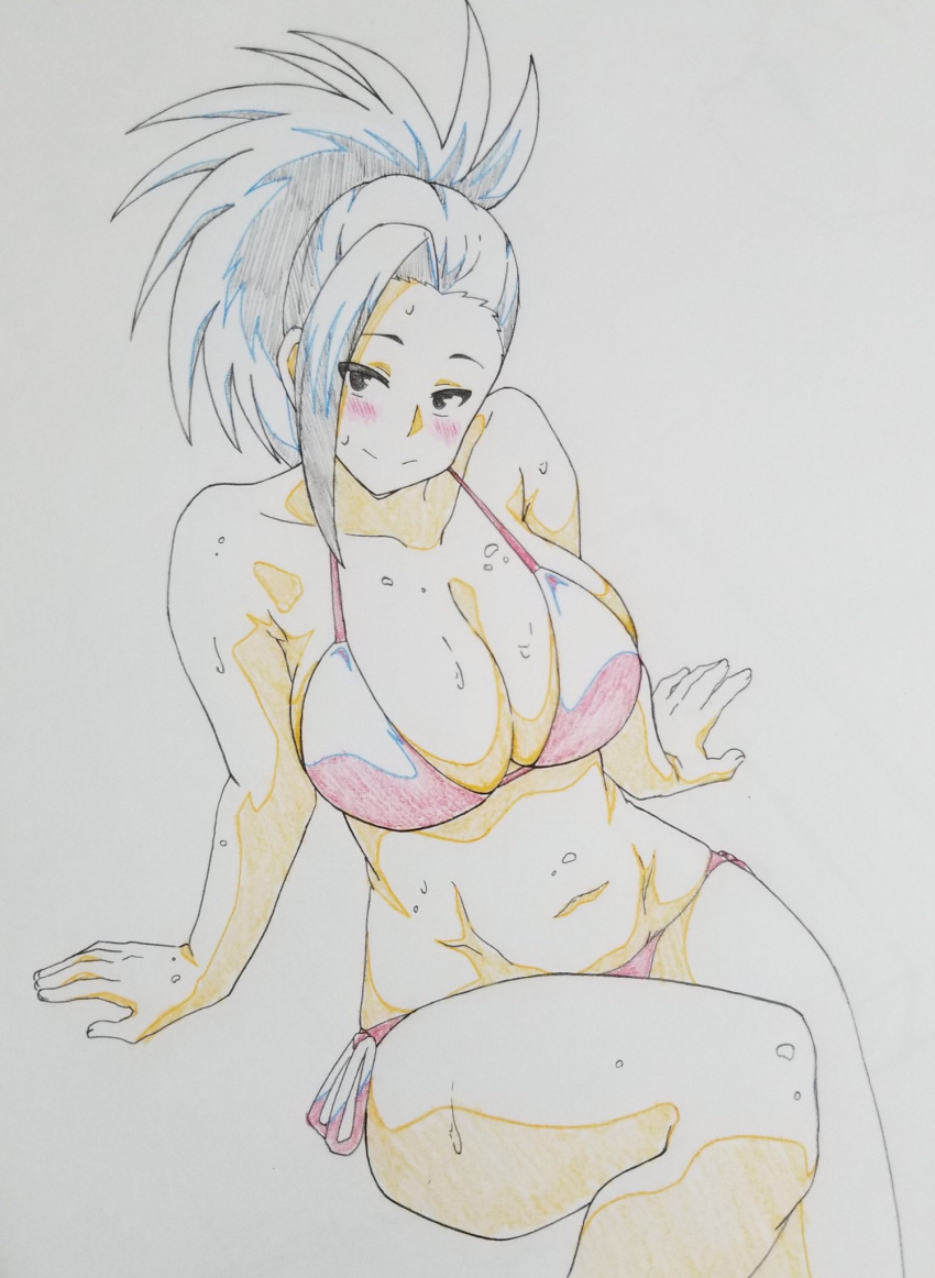 1girl arm_support bare_shoulders bikini black_hair blush boku_no_hero_academia breasts cleavage closed_mouth collarbone highres large_breasts looking_at_viewer mitarashi_o navel ponytail reclining side-tie_bikini sitting sketch smile solo swimsuit wet yaoyorozu_momo