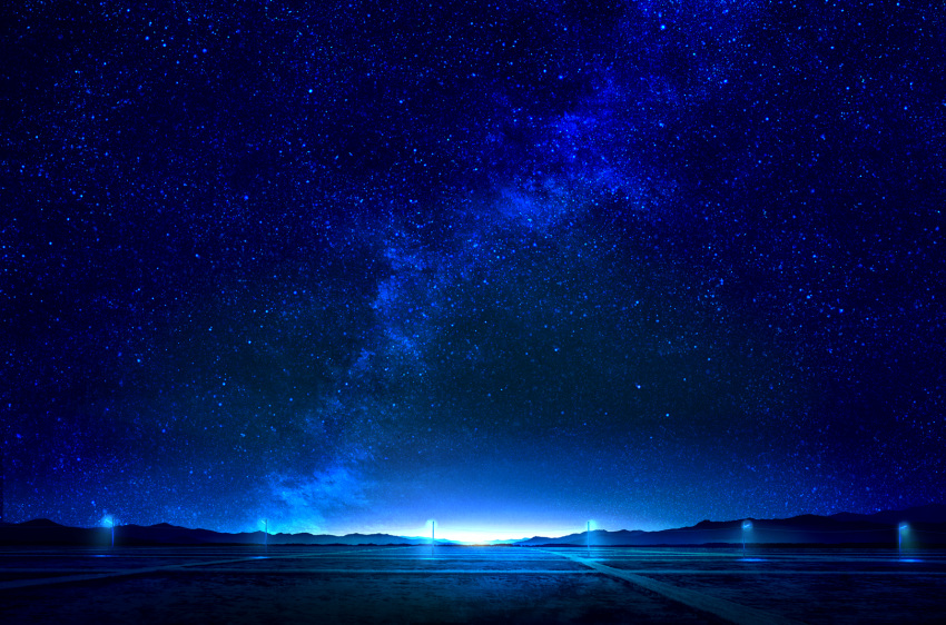 blue field highres horizon milky_way mks mountainous_horizon night night_sky no_humans original outdoors power_lines revision road scenery sky star_(sky) starry_sky telephone_pole