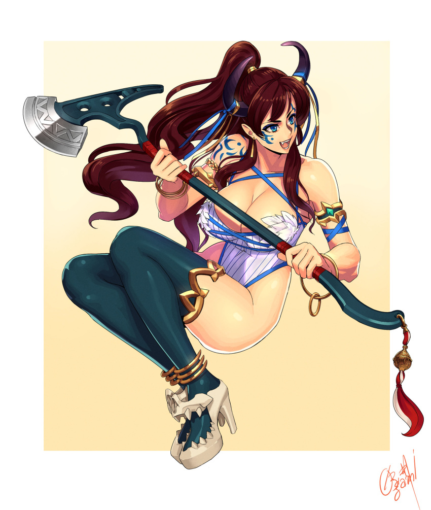 1girl :d armlet axe bangle bangs bare_shoulders blue_eyes blue_ribbon bracelet breasts brown_background brown_hair cleavage commentary_request earrings eyeshadow facial_mark facing_viewer fang full_body green_legwear high_ponytail highleg highleg_leotard highres holding holding_axe holding_weapon horn_ribbon horns jewelry large_breasts leotard long_hair looking_away looking_to_the_side makeup ogami oni open_mouth original pointy_ears ponytail ribbon shiny shiny_hair shiny_skin shoulder_tattoo sidelocks signature smile solo striped tassel tattoo thigh-highs vertical-striped_leotard vertical_stripes wavy_hair weapon white_background white_leotard yellow_ribbon