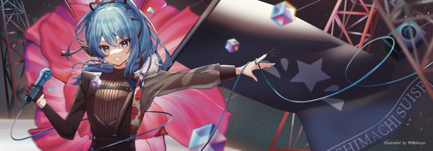1girl artist_name asymmetrical_clothes black_gloves blue_eyes blue_hair blurry blurry_background blurry_foreground brown_shirt depth_of_field eyelashes flag gloves hair_between_eyes hair_ornament hair_ribbon hands_up highres holding hololive hoshimachi_suisei long_sleeves looking_at_viewer microphone official_alternate_costume outstretched_arm ribbon see-through see-through_sleeves shirt shunnukiki sidelocks single_glove solo speaker teeth upper_body virtual_youtuber