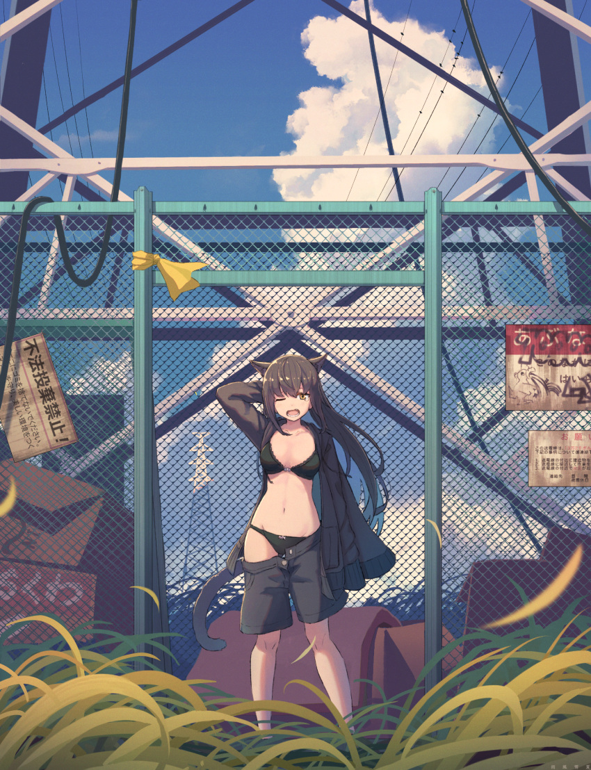1girl absurdres amekaze_yukinatsu animal_ears arm_up bangs bird black_bra black_hair black_jacket black_panties black_shorts blue_sky blush bow bow_bra bow_panties bra breasts brown_eyes cable cat_ears cat_girl cat_tail chain-link_fence clouds collarbone commentary_request day eyebrows_visible_through_hair fang fence grass groin hair_between_eyes highres hood hood_down hooded_jacket jacket long_hair long_sleeves medium_breasts navel on_grass one_eye_closed open_clothes open_jacket open_mouth original outdoors oversized_clothes panties power_lines revision short_shorts shorts shorts_pull sign sky sleeveless sleeveless_turtleneck sleeves_past_wrists solo standing tail tears translation_request transmission_tower turtleneck underwear very_long_hair wind