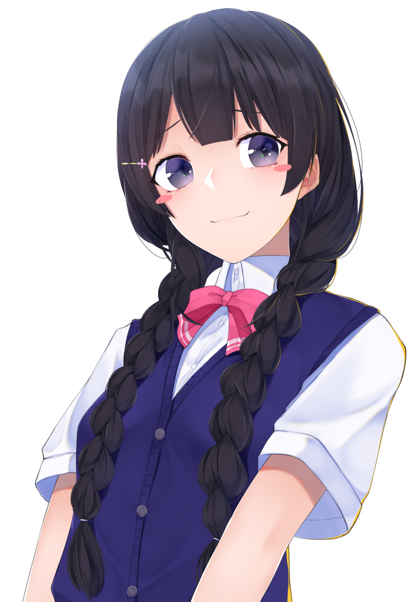 absurdres bangs black_hair blue_vest blush blush_stickers bow bowtie braid buttons closed_mouth collared_shirt commentary_request eyebrows_visible_through_hair hair_ornament hair_over_shoulder hair_tie hairclip highres long_hair looking_at_viewer nijisanji nishinomiya_suzu pink_bow pink_neckwear shirt short_sleeves simple_background smile tsukino_mito twin_braids upper_body very_long_hair vest violet_eyes white_background white_shirt