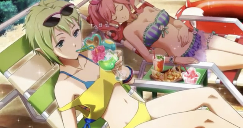 beach bikini blue_eyes breasts cocktail cup drinking_glass drinking_straw eyewear_on_head flower_in_drink frilled_bikini frills garter_belt green_hair hand_on_own_stomach highres inflatable_toy large_breasts legs macross macross_delta makina_nakajima navel pink_hair pointy_ears pool_chair reina_prowler shaved_ice short_hair sleeping small_breasts snack sunglasses swimsuit twintails uta_macross_sumaho_deculture