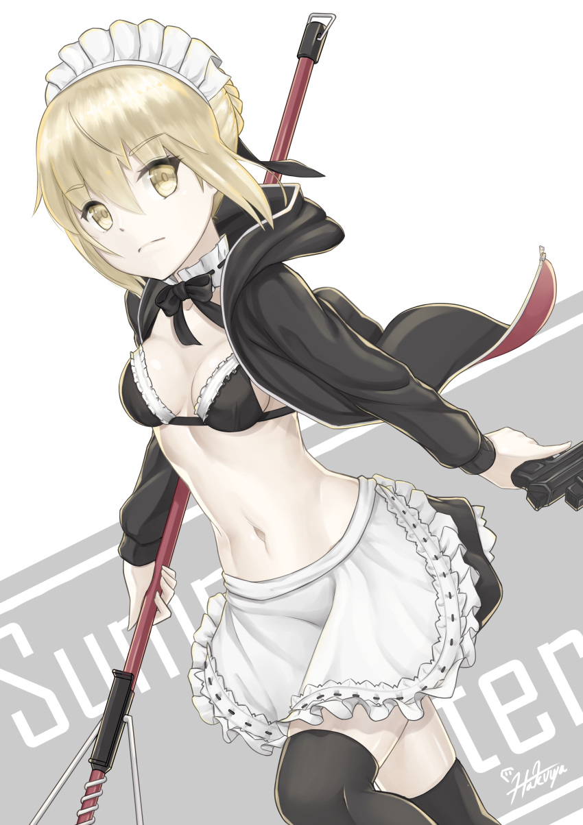 1girl absurdres apron artoria_pendragon_(all) artoria_pendragon_(swimsuit_archer) bikini black_bikini_top black_bow black_jacket black_legwear black_ribbon blonde_hair bow bowtie braid breasts broom choker cleavage crown_braid eyebrows_visible_through_hair fate/grand_order fate_(series) floating_hair frilled_apron frills gun hair_between_eyes hair_ribbon hakuya_kung highres holding holding_broom holding_gun holding_weapon hood hooded_jacket jacket looking_at_viewer maid_bikini maid_headdress midriff navel open_clothes open_jacket ribbon shiny shiny_hair short_hair side-tie_bikini small_breasts solo standing stomach swimsuit thigh-highs tied_hair weapon white_apron white_background yellow_eyes