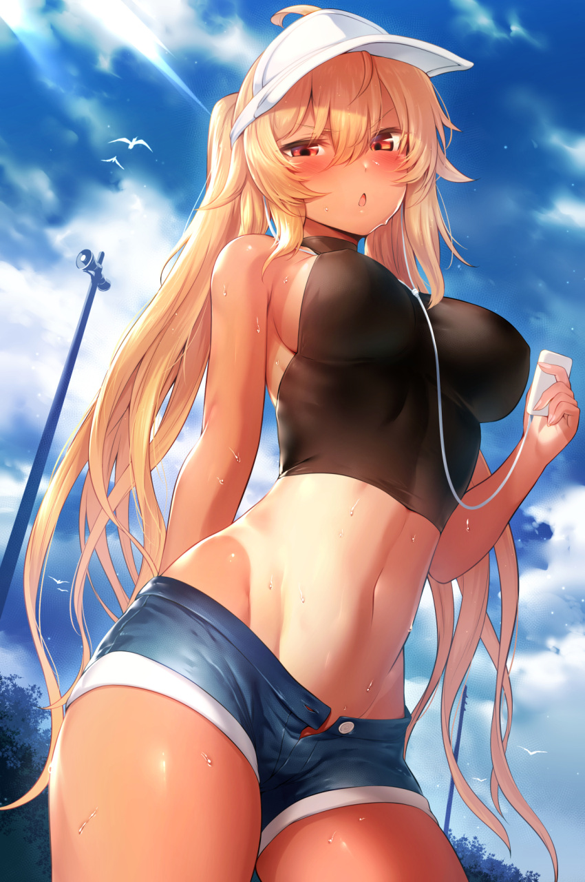 1girl ahoge animal arm_behind_back bangs bare_shoulders between_breasts bird black_rock_shooter blonde_hair blue_shorts blue_sky blush breasts breasts_apart casual chariot_(black_rock_shooter) chestnut_mouth clouds cloudy_sky commentary_request cowboy_shot crop_top denim denim_shorts eyebrows_visible_through_hair fanbox_reward fingernails foreshortening hair_between_eyes half-closed_eye halter_top halterneck hand_up hat highres holding hot long_fingernails long_hair looking_at_viewer m-da_s-tarou medium_breasts megaphone midriff nail_polish navel one-piece_tan open_fly open_mouth outdoors paid_reward pink_nails ponytail shiny shiny_skin short_shorts shorts sidelocks skin_tight sky sleeveless solo standing stomach sweat tan tanline thighs toned tree unbuttoned very_long_hair visor_cap white_hat yellow_eyes