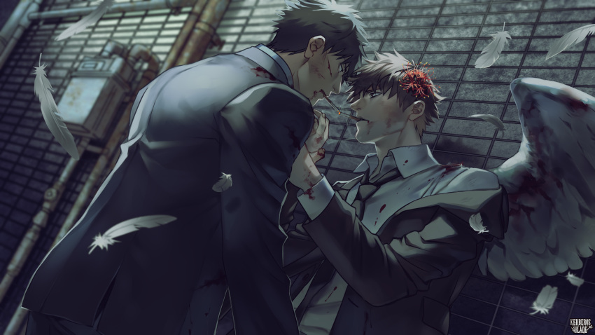 2boys angel_wings black_hair black_neckwear black_suit blood brown_hair cigarette eye_contact flower formal hair_flower hair_ornament hand_holding highres kerberos_blade looking_at_another male_focus multiple_boys official_art otani_(gloria) pipes shirt smoking standing suit white_feathers white_shirt wings