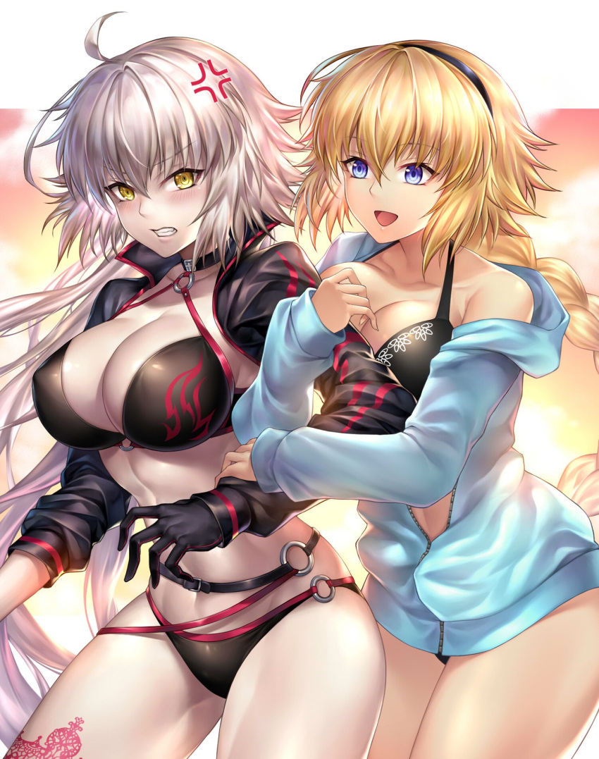2girls ahoge anger_vein bangs bikini black_bikini black_choker black_jacket blonde_hair blue_eyes blue_hairband blue_hoodie blue_jacket braid breasts choker cleavage clouds cloudy_sky collarbone commentary_request cropped_jacket eyebrows_visible_through_hair fate/grand_order fate_(series) gloves hair_between_eyes hairband highres hood hooded_jacket jacket jeanne_d'arc_(alter_swimsuit_berserker) jeanne_d'arc_(fate)_(all) jeanne_d'arc_(swimsuit_archer) large_breasts long_hair multiple_girls nasaniliu o-ring o-ring_bikini o-ring_bottom o-ring_top open_mouth red_legwear scowl single_braid single_thighhigh sky smile swimsuit thigh-highs very_long_hair waist yellow_eyes