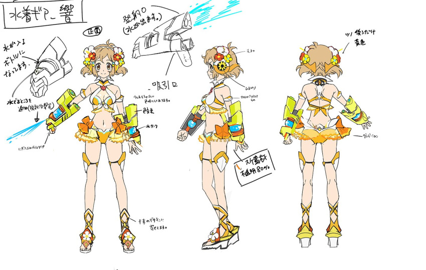 1girl alternate_costume antenna_hair arm_up armlet artist_request ass bare_shoulders bikini bow bow_bikini breasts character_sheet clenched_hand commentary_request flower flower_request from_behind from_side gauntlets gluteal_fold hair_flower hair_ornament headphones kneepits light_brown_eyes light_brown_hair looking_at_viewer mecha_musume medium_breasts multiple_views navel official_art open_hand orange_bikini orange_bow platform_footwear profile red_flower sandals senki_zesshou_symphogear senki_zesshou_symphogear_xd_unlimited shoulder_blades simple_background smile standing swimsuit symphogear_pendant tachibana_hibiki_(symphogear) thighlet translation_request white_background white_flower white_footwear yellow_flower