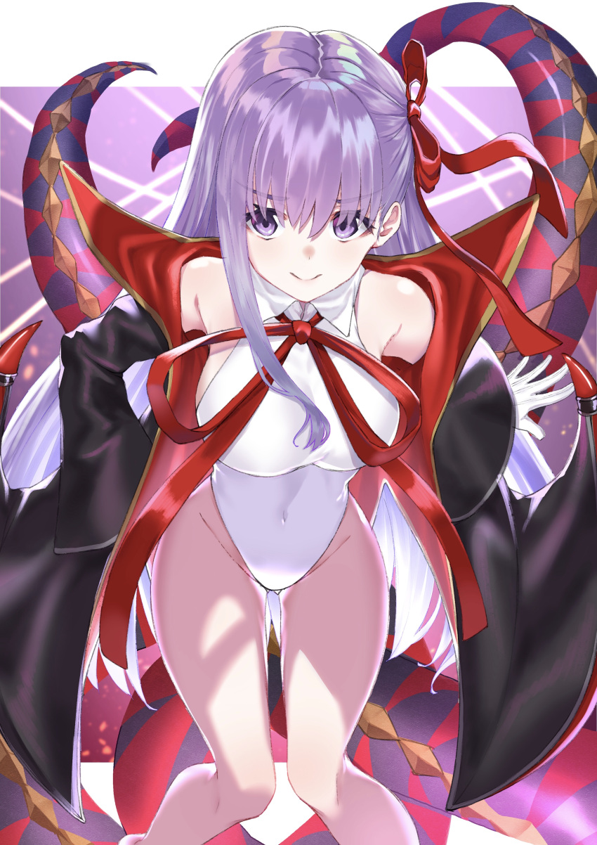 1girl absurdres bare_shoulders bb_(fate)_(all) bb_(fate/extra_ccc) bb_(swimsuit_mooncancer)_(fate) black_coat breasts fate/grand_order fate_(series) gloves gluteal_fold highleg highleg_leotard highres horns knees_together large_breasts leotard long_hair looking_at_viewer popped_collar purple_hair smile solo takubon_(xewh4773) thigh_gap violet_eyes white_gloves white_leotard