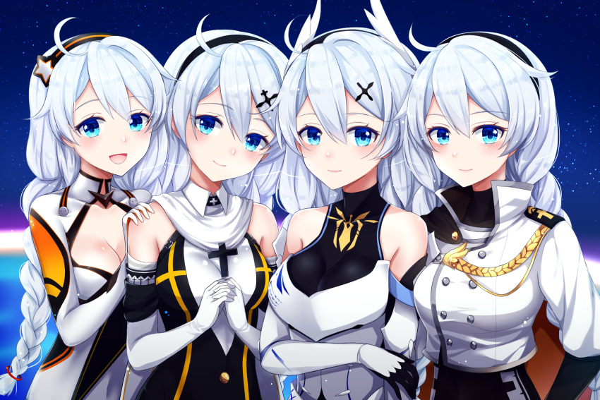 4girls :d ahoge bangs black_dress black_hairband black_skirt blue_eyes blush braid breasts character_request closed_mouth commentary_request cross dress elbow_gloves eyebrows_visible_through_hair feathered_wings gloves hair_between_eyes hair_ornament hairband head_tilt head_wings highres honkai_impact jacket latin_cross long_hair long_sleeves low_twintails medium_breasts multiple_girls night night_sky omoomomo open_mouth outdoors short_over_long_sleeves short_sleeves silver_hair skirt sky smile standing star star_(sky) star_hair_ornament starry_sky twin_braids twintails very_long_hair white_dress white_gloves white_jacket white_wings wings