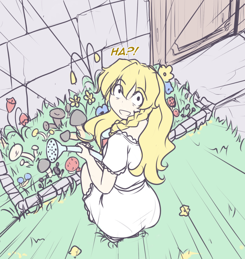 1girl :d alternate_costume bangs black_eyes blonde_hair blue_flower braid brick_wall commentary constricted_pupils door dress emphasis_lines english english_commentary eyebrows_visible_through_hair flat_color flower from_behind grass hair_between_eyes hater_(hatater) highres holding_watering_can kirisame_marisa long_hair looking_at_viewer looking_back mushroom no_hat no_headwear open_mouth outdoors red_flower short_sleeves side_braid single_braid sketch smile solo squatting touhou watering_can white_dress yellow_flower