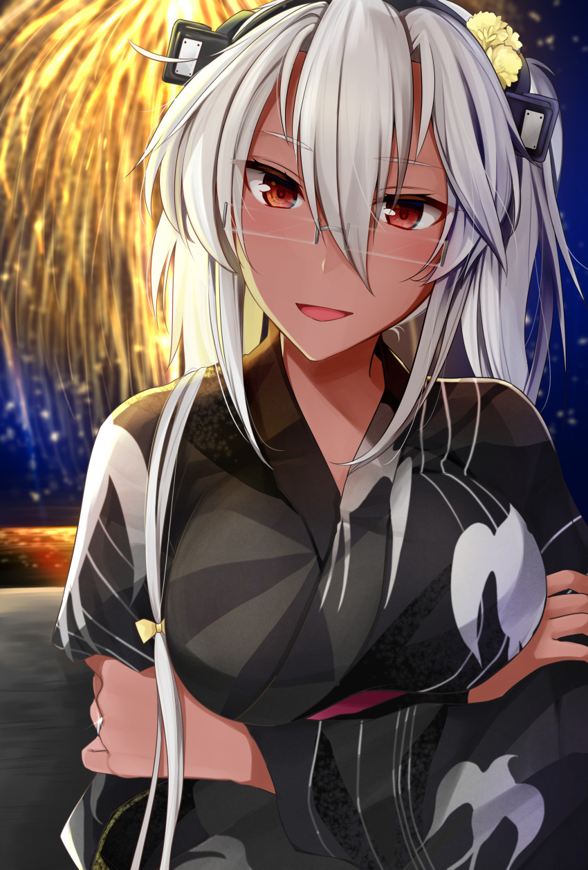 1girl absurdres alternate_costume blush breasts crossed_arms dark_skin fireworks floral_print flower glasses grey_kimono hair_between_eyes hair_flower hair_ornament headgear highres japanese_clothes jewelry kantai_collection kimono large_breasts looking_at_viewer musashi_(kantai_collection) night open_mouth outdoors red_eyes ring sidelocks solo twintails wedding_band white_hair wide_sleeves yunamaro