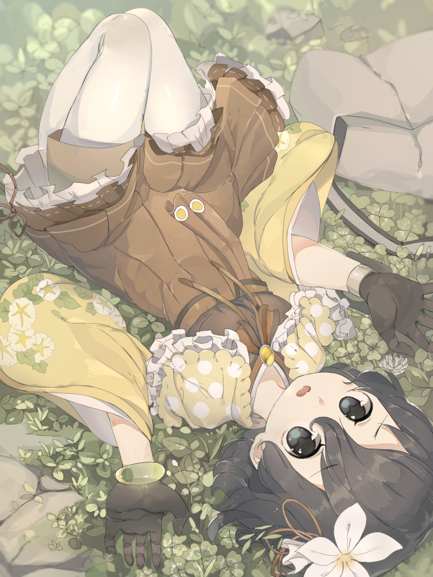 1girl alternate_costume bag bag_removed black_gloves black_hair clover commentary_request dress eyebrows_visible_through_hair flower four-leaf_clover frills full_body gloves grey_eyes hair_between_eyes hair_flower hair_ornament highres kaban_(kemono_friends) kemono_friends knees_up legs_together looking_at_viewer lying mochorinpun on_back open_mouth pantyhose pantyhose_under_shorts short_dress short_hair shorts shorts_under_dress solo upside-down wavy_hair wide_sleeves