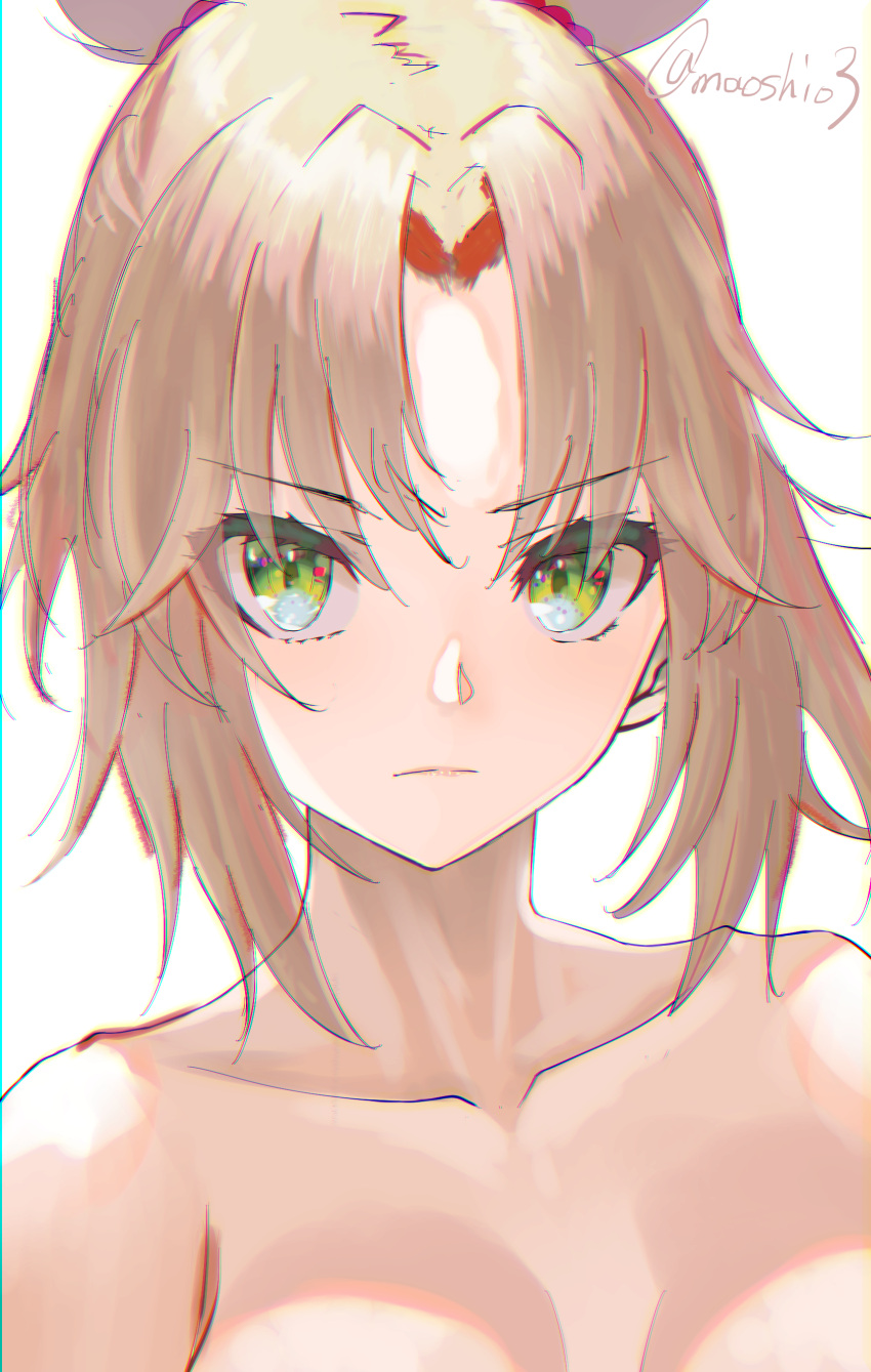 1girl absurdres artist_name blonde_hair breasts cleavage collarbone eyebrows_visible_through_hair fate/apocrypha fate_(series) green_eyes highres looking_at_viewer maoushiori3 mordred_(fate) mordred_(fate)_(all) portrait short_hair simple_background sketch small_breasts solo white_background