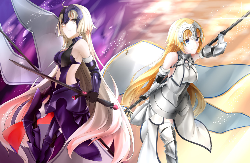 2girls ahoge armor armored_boots armored_dress banner black_gloves blonde_hair boots breasts detached_sleeves dress fate/grand_order fate_(series) floating_hair fur_trim gloves headpiece holding holding_sword holding_weapon jeanne_d'arc_(alter)_(fate) jeanne_d'arc_(fate) jeanne_d'arc_(fate)_(all) large_breasts long_hair midriff multiple_girls navel navel_cutout purple_dress rukinya_(nyanko_mogumogu) sideboob silver_hair sleeveless sleeveless_dress sparkle standing stomach sword thigh-highs very_long_hair weapon white_dress yellow_eyes