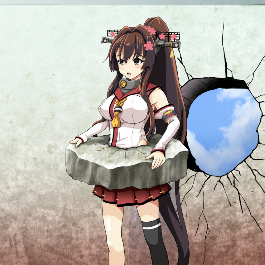 1girl brown_hair cherry_blossoms cracked_wall detached_sleeves flower hair_flower hair_intakes hair_ornament headgear highres hole_in_wall kabe_ni_hamatte_ugokenai! kantai_collection long_hair miniskirt open_mouth pleated_skirt ponytail red_skirt single_thighhigh skirt solo standing thigh-highs tk8d32 very_long_hair wall yamato_(kantai_collection) z-flag