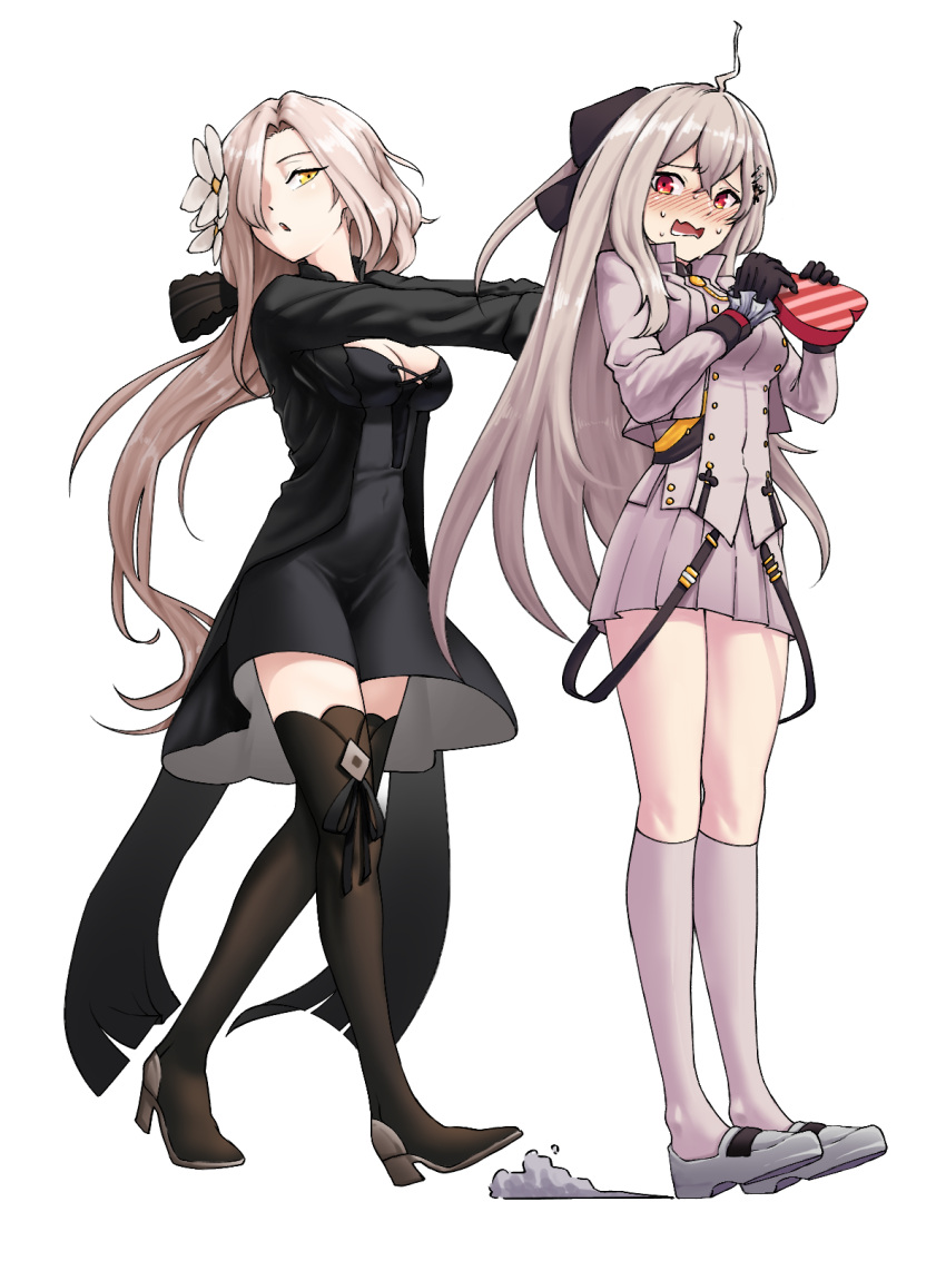 1girl 2girls ahoge bangs black_bow black_dress black_gloves black_jacket black_legwear black_ribbon blush bow breasts chocolate chocolate_heart cleavage collarbone collared_jacket covered_navel cropped_jacket dress embarrassed eyebrows_visible_through_hair flower frilled_sleeves frills full_body gift girls_frontline gloves hair_between_eyes hair_flower hair_ornament hair_over_one_eye hair_ribbon hairclip heart highres holding holding_gift iws-2000_(girls_frontline) jacket kneehighs large_breasts loafers long_hair looking_at_viewer low_ponytail mid-stride military military_uniform mole mole_under_eye multiple_girls open_clothes open_jacket open_mouth orange_eyes pleated_skirt pushing red_eyes ribbon sd_bigpie shirt shoes sidelocks silver_hair simple_background skirt steyr_aug_(girls_frontline) sweat thigh-highs thighs uniform walking wavy_mouth white_background white_footwear white_jacket
