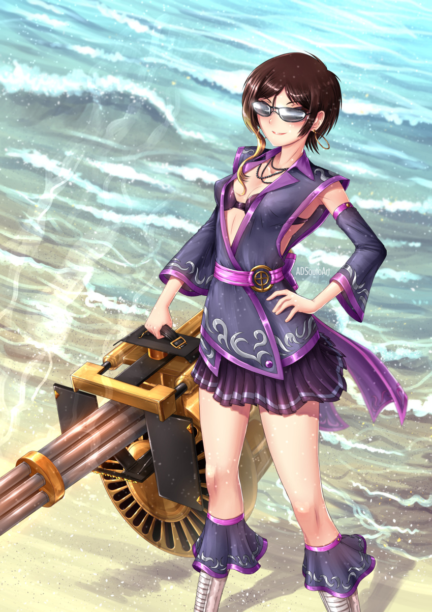 1girl adsouto artist_name beach bikini_top breasts brown_eyes brown_hair casual coco_adel detached_sleeves gatling_gun glowing_gun_barrel gun hand_on_hip highres holding holding_gun holding_weapon jewelry looking_at_viewer medium_breasts necklace pleated_skirt rwby skirt smile solo standing steam sunglasses water watermark weapon wind