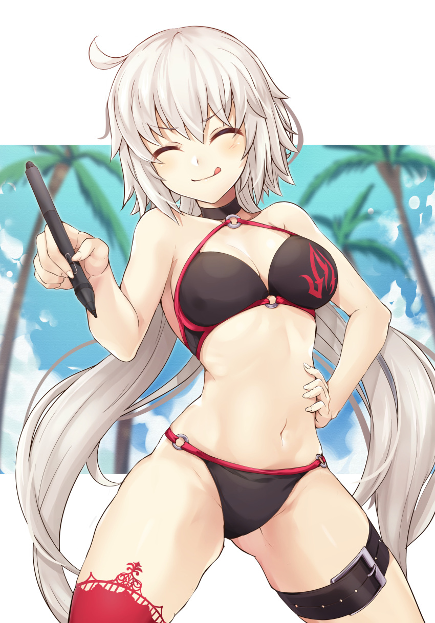 1girl absurdres bikini black_bikini blue_sky blurry breasts closed_eyes clouds depth_of_field fate/apocrypha fate/grand_order fate_(series) hand_on_hip highres jeanne_d'arc_(alter)_(fate) jeanne_d'arc_(alter_swimsuit_berserker) jeanne_d'arc_(fate) jeanne_d'arc_(fate)_(all) large_breasts long_hair o-ring o-ring_bikini o-ring_bottom o-ring_top palm_tree samoore silver_hair sky smile solo stylus swimsuit thigh-highs tree tsurime white_hair yellow_eyes