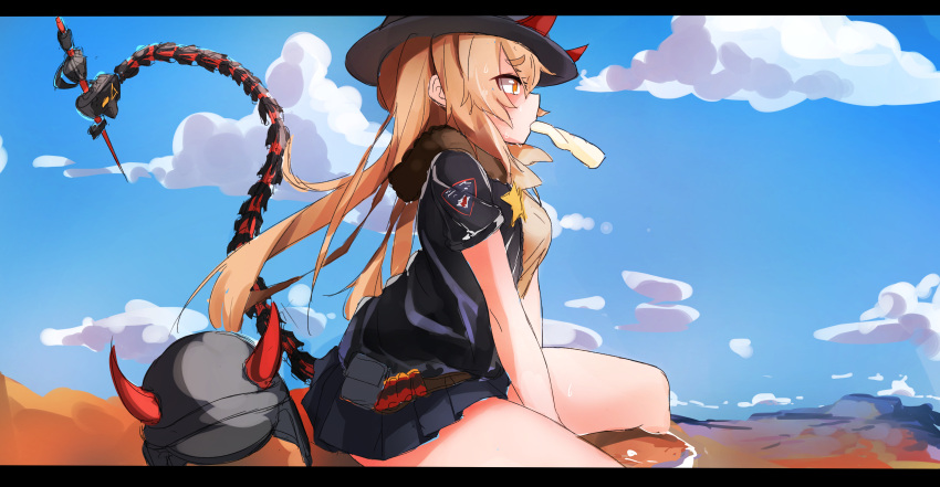1girl absurdres ammunition arms_between_legs belt_pouch blonde_hair clouds commentary_request desert girls_frontline hat helmet highres horns in_mouth jacket m870_(girls_frontline) mechanical_tail orange_eyes pouch sitting solo sweat tail