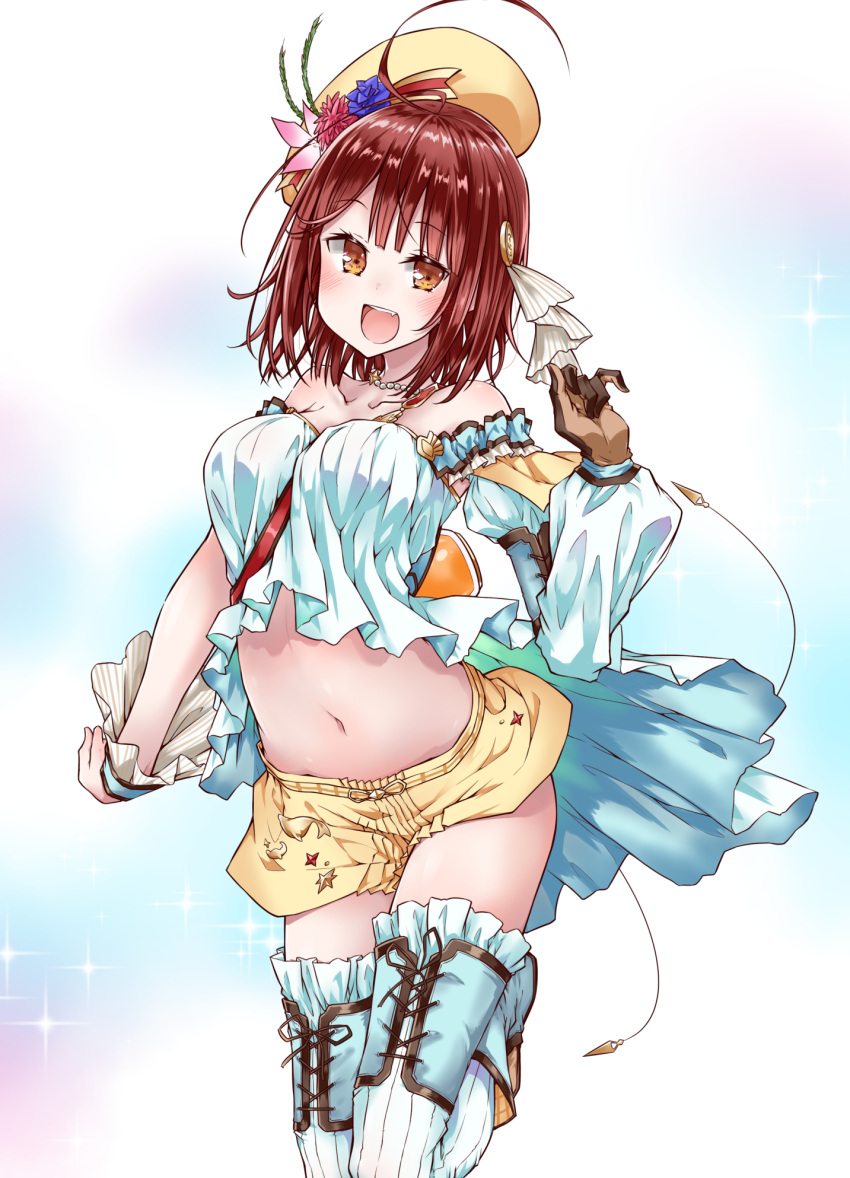 1girl :d ahoge alt asymmetrical_gloves atelier_(series) atelier_sophie blue_flower blush breasts brown_eyes brown_gloves brown_hair collarbone crop_top detached_sleeves eyebrows_visible_through_hair flower gloves hair_ornament hat hat_flower highres jewelry leg_up looking_at_viewer medium_breasts midriff miniskirt navel necklace open_mouth pink_flower red_flower shiny shiny_hair short_hair skirt smile solo sophie_neuenmuller standing standing_on_one_leg stomach strapless thigh-highs thigh_strap white_background white_legwear wrist_cuffs yellow_hat yellow_skirt