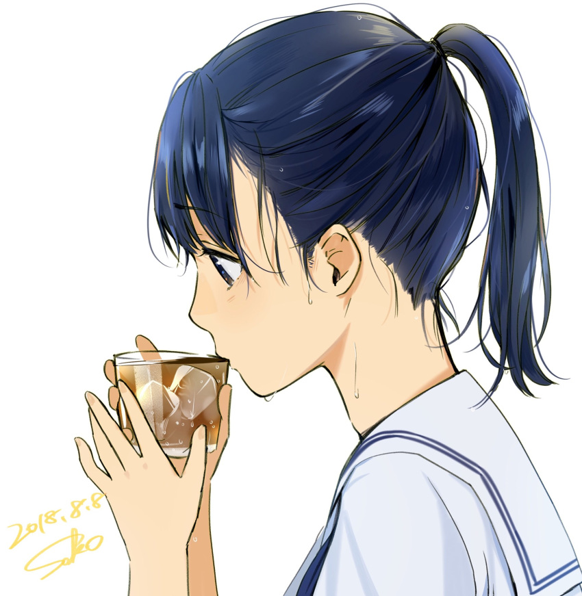 1girl bangs black_eyes blue_hair class commentary_request cup dated drinking drinking_glass eyebrows_visible_through_hair from_side highres holding holding_cup original ponytail sailor_collar sako_(user_ndpz5754) school_uniform serafuku shirt signature solo sweat upper_body white_sailor_collar white_shirt