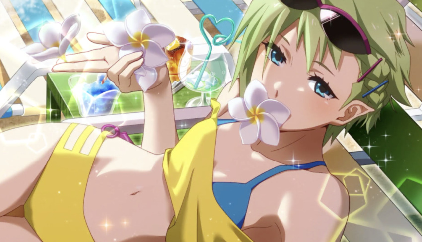 beach bikini blue_eyes braid breasts drink drinking_straw eyewear_on_head flower flower_in_mouth green_hair highres holding holding_flower jewelry looking_at_viewer macross macross_delta navel official_art pointy_ears pool_chair reina_prowler small_breasts sunglasses swimsuit