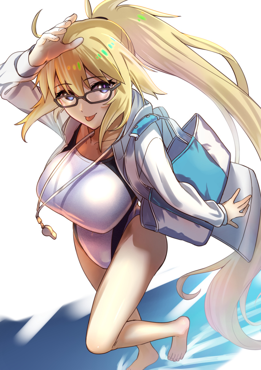 1girl :p absurdres bag barefoot black-framed_eyewear blonde_hair blue_eyes fate/grand_order fate_(series) from_above full_body glasses highres jacket jeanne_d'arc_(fate)_(all) jeanne_d'arc_(swimsuit_archer) kujuu_shikuro long_hair looking_at_viewer looking_up one-piece_swimsuit solo swimsuit tongue tongue_out very_long_hair walking water whistle whistle_around_neck