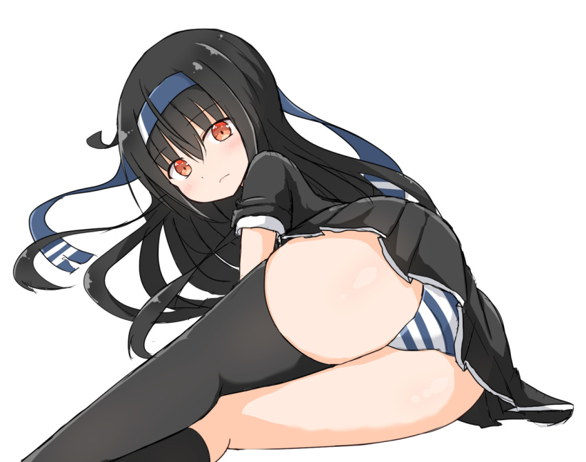 1girl ass black_hair black_jacket black_legwear black_skirt blush closed_mouth commentary_request hatsushimo_(kantai_collection) headband jacket kantai_collection long_hair looking_at_viewer miniskirt panties red_eyes remodel_(kantai_collection) school_uniform simple_background single_thighhigh skirt solo striped striped_panties thigh-highs thighs underwear white_background yamato_tachibana