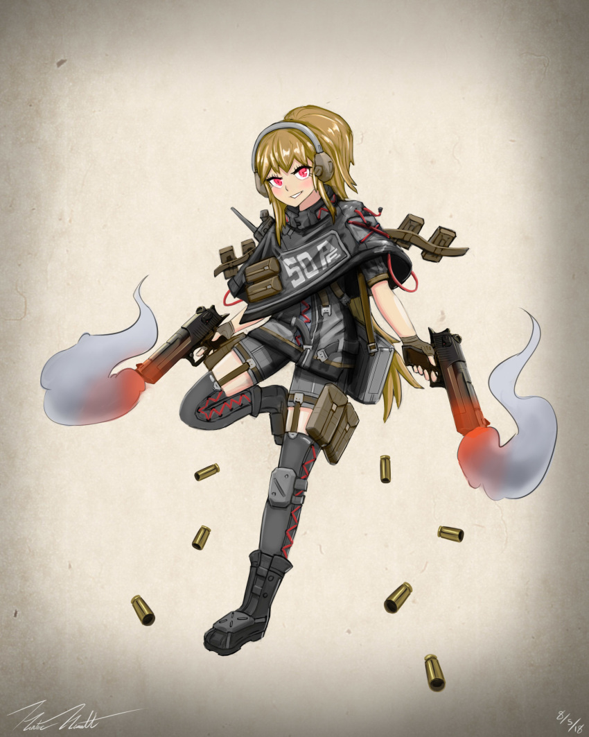 1girl absurdres ammunition artist_request boots brown_hair desert_eagle dual_wielding fingerless_gloves girls_frontline gloves gun handgun headset highres holding holster knee_pads military original pouch red_eyes shorts signature smoke smoking_gun solo tactical_clothes thigh-highs thigh_holster weapon