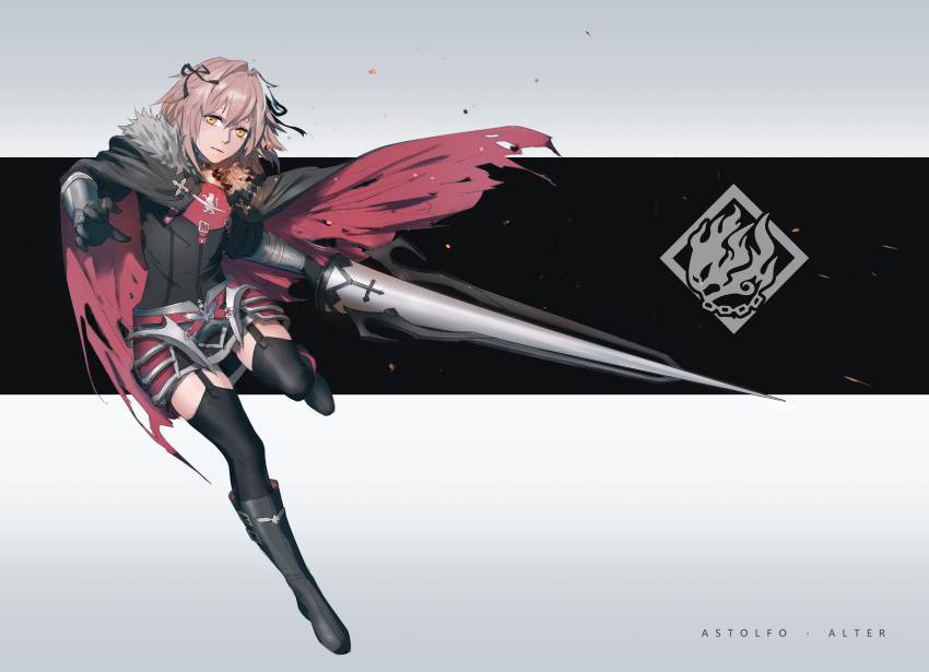 1boy absurdres armor astolfo_(fate) black_legwear braid cape fate/apocrypha fate_(series) full_body garter_straps gauntlets hair_between_eyes hair_ribbon harng1239 highres holding_lance lance long_hair male_focus otoko_no_ko pink_hair polearm ribbon riding single_braid thigh-highs torn_cape weapon yellow_eyes