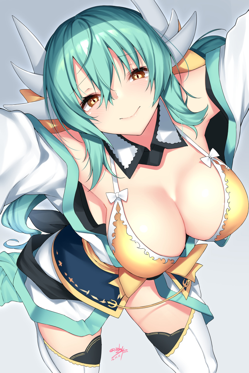 1girl bangs bare_shoulders bikini blush bow breasts cleavage closed_mouth detached_collar dragon_girl dragon_horns fate/grand_order fate_(series) green_hair hair_between_eyes hair_bow highres horns japanese_clothes kimono kiyohime_(fate/grand_order) kiyohime_(swimsuit_lancer)_(fate) large_breasts long_hair looking_at_viewer nebusoku obi open_clothes open_kimono sash sidelocks slit_pupils smile solo swimsuit thighs white_kimono white_legwear yellow_bikini yellow_bow yellow_eyes