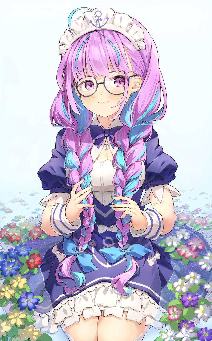 1girl absurdres ahoge anchor anchor_symbol bangs black-framed_eyewear blue_dress blue_flower blue_hair blue_nails blue_ribbon blush braid breasts closed_mouth darjeeling_(reley) dress eyebrows_visible_through_hair flower flower_on_liquid frilled_dress frills glasses hair_ribbon highres hololive long_hair low_twintails medium_breasts minato_aqua multicolored_hair nail_polish pink_hair puffy_short_sleeves puffy_sleeves purple_flower purple_hair red_flower ribbon round_eyewear shallow_water short_sleeves sitting smile solo twin_braids twintails two-tone_hair very_long_hair virtual_youtuber water wrist_cuffs yellow_flower