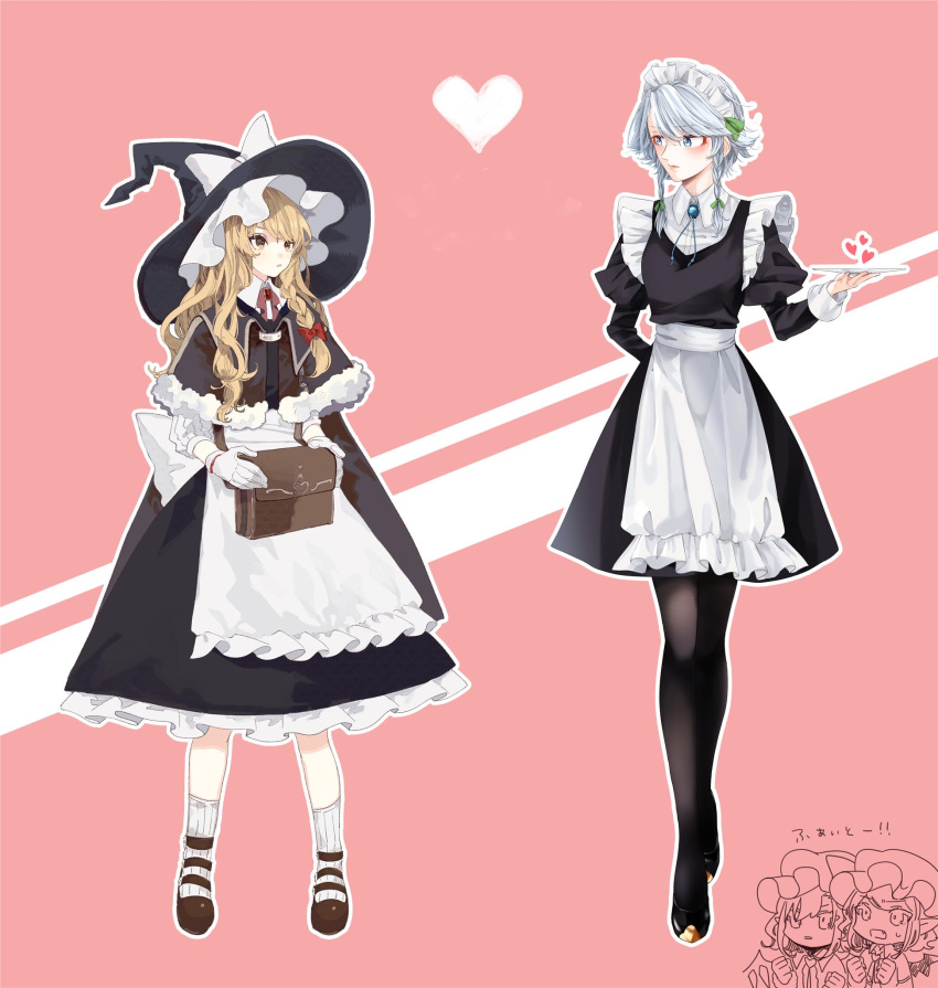 4girls apron bag bangs bat_wings black_capelet black_dress black_footwear black_hat black_legwear blonde_hair blue_eyes blush bow braid breasts brooch brown_footwear capelet chibi chibi_inset clenched_hands commentary_request dress eyebrows_visible_through_hair fang flandre_scarlet frilled_apron frills full_body fur_trim gloves green_ribbon hair_between_eyes hair_bow hair_ribbon hat hat_bow heart height_difference highres holding holding_bag holding_tray izayoi_sakuya jewelry juliet_sleeves kirisame_marisa lipstick long_hair long_sleeves maid maid_apron maid_headdress makeup medium_breasts mob_cap multiple_girls neck_ribbon open_mouth outline pantyhose parted_lips petticoat pink_background pink_lips pink_lipstick pointy_ears puffy_sleeves red_bow red_neckwear red_ribbon remilia_scarlet ribbon shoes short_hair siblings sidelocks silver_hair simple_background single_braid sisters socks souta_(karasu_no_ouchi) standing touhou translated tray twin_braids waist_apron white_apron white_bow white_gloves white_legwear white_outline wing_collar wings witch_hat yellow_eyes
