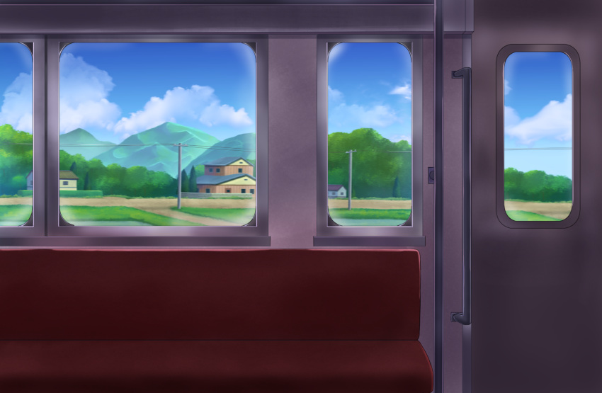 biako blue_sky brick_wall clouds commentary_request day hedge_(plant) highres house interior mountain no_humans original power_lines revision rice_paddy road rural scenery seat sky telephone_pole train_interior tree water window