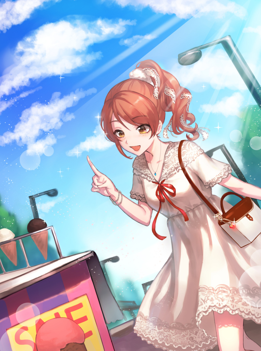 1girl :d absurdres bag bangs blue_sky bracelet brown_eyes brown_hair character_request clouds collarbone day dress hair_ornament handbag high_ponytail highres idolmaster idolmaster_cinderella_girls idolmaster_cinderella_girls_starlight_stage index_finger_raised jewelry lens_flare long_hair neck_ribbon necklace open_mouth outdoors red_ribbon ribbon shiny shiny_hair short_sleeves sky smile solo sparkle standing sundress sunlight swept_bangs white_dress