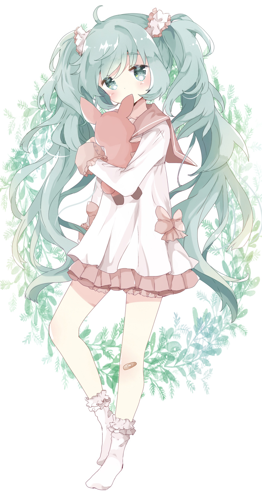 1girl absurdres ahoge bandaid bandaid_on_knee blush bobby_socks brown_sailor_collar commentary_request covered_mouth dress green_eyes green_hair hair_ornament hair_scrunchie hatsune_miku head_tilt highres long_hair long_sleeves looking_at_viewer no_shoes object_hug sailor_collar sailor_dress scrunchie socks solo standing standing_on_one_leg stuffed_animal stuffed_bunny stuffed_toy tsukiyo_(skymint) twintails very_long_hair vocaloid white_background white_dress white_legwear white_scrunchie