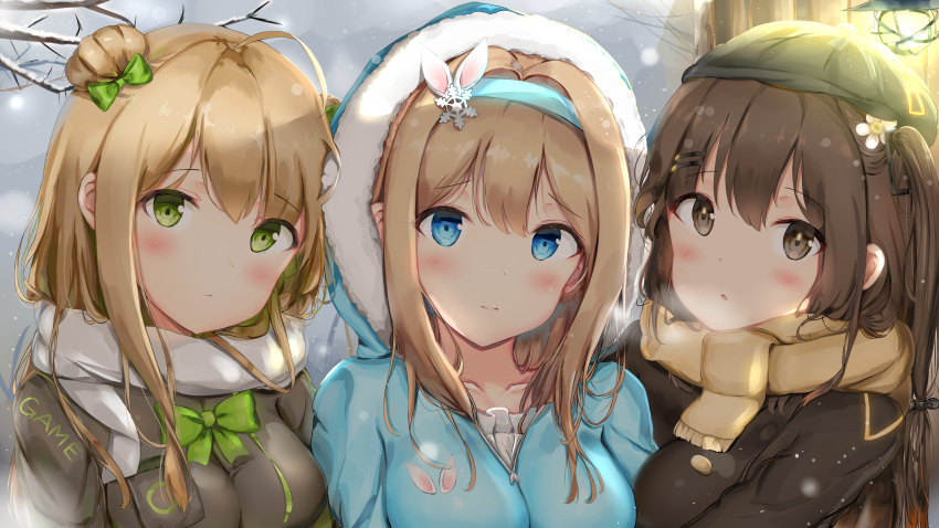 3girls absurdres ahoge bachibachi_(tisen) bangs beanie blonde_hair blue_coat blue_eyes blush bow bowtie breasts brown_coat brown_eyes brown_hair closed_mouth clothes_writing coat collarbone double_bun eyebrows_visible_through_hair fur-trimmed_coat fur_trim girls_frontline green_bow green_eyes hair_between_eyes hair_bow hair_ornament hairband hairclip hat highres hooded_coat k-2_(girls_frontline) light long_hair looking_at_viewer medium_breasts multiple_girls open_mouth rfb_(girls_frontline) scarf sidelocks smile snow snowflake_hair_ornament snowing suomi_kp31_(girls_frontline) tree upper_body white_scarf winter_clothes winter_coat