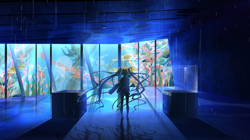 1girl aquarium backlighting barefoot floating_hair from_behind full_body geduan hair_ornament hatsune_miku highres long_hair shadow solo standing twintails very_long_hair vocaloid