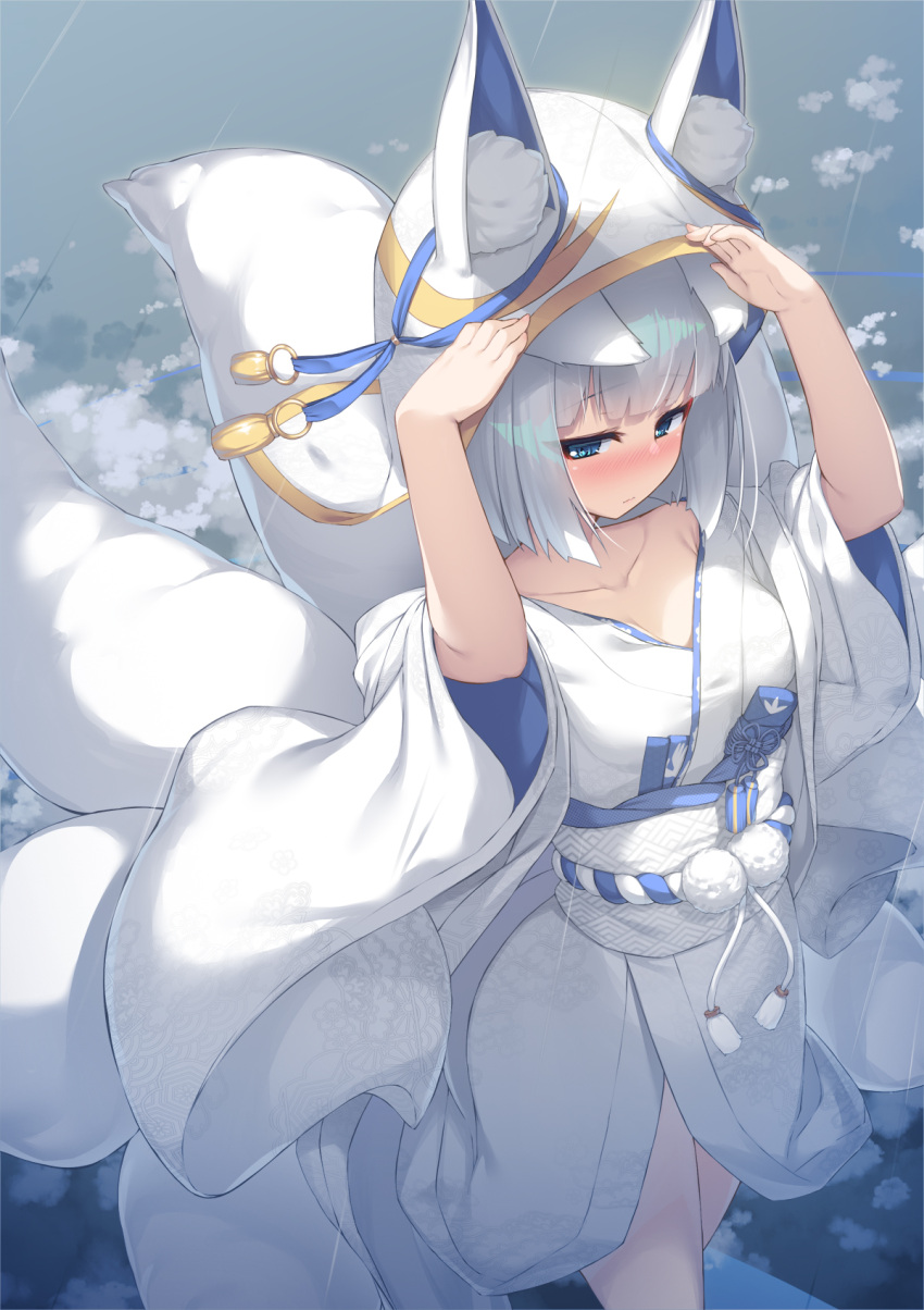 1girl animal_ear_fluff animal_ears arms_up azur_lane bangs blue_eyes blush breasts closed_mouth commentary_request eyebrows_visible_through_hair fox_ears fox_girl fox_tail highres japanese_clothes kaga_(azur_lane) kimono kitsune long_sleeves multiple_tails nose_blush obi olive_(laai) rain sash short_hair silver_hair sleeves_pushed_up small_breasts solo tail uchikake white_kimono wide_sleeves