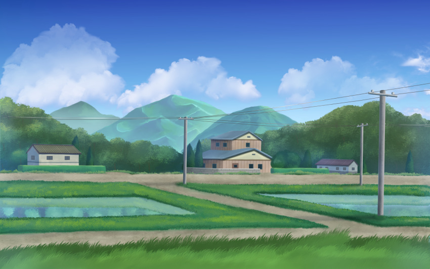 biako blue_sky bush clouds commentary day grass hedge_(plant) highres house mountain no_humans original outdoors power_lines revision rice_paddy road rural scenery sky telephone_pole water window