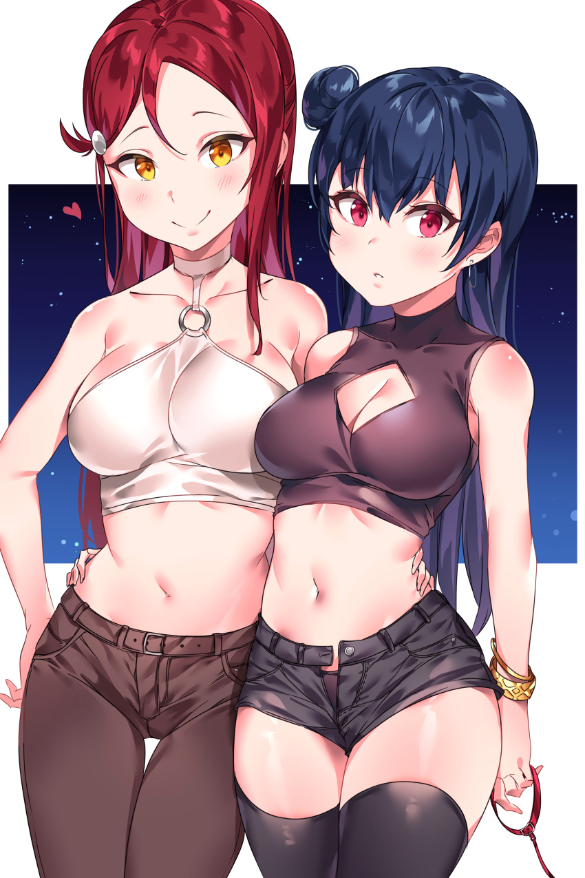 2girls :o absurdres alternate_costume arm_around_waist bangle bangs bare_arms bare_shoulders bekt belt_buckle black_legwear black_shorts blue_hair body_blush bracelet breasts brown_pants buckle cleavage cleavage_cutout closed_mouth collar collarbone cowboy_shot crop_top earrings eyebrows_visible_through_hair forehead hair_between_eyes hair_bun hair_ornament hairclip halterneck hand_on_hip heart highres hoop_earrings jewelry leash long_hair looking_at_viewer love_live! love_live!_sunshine!! medium_breasts midriff multiple_girls navel o-ring o-ring_top open_clothes open_fly open_shorts pants parted_lips pink_eyes redhead sakurauchi_riko shiny shiny_hair short_shorts shorts side_bun smile straight_hair tem10 thigh-highs thigh_gap tsushima_yoshiko unbuttoned very_long_hair yellow_eyes