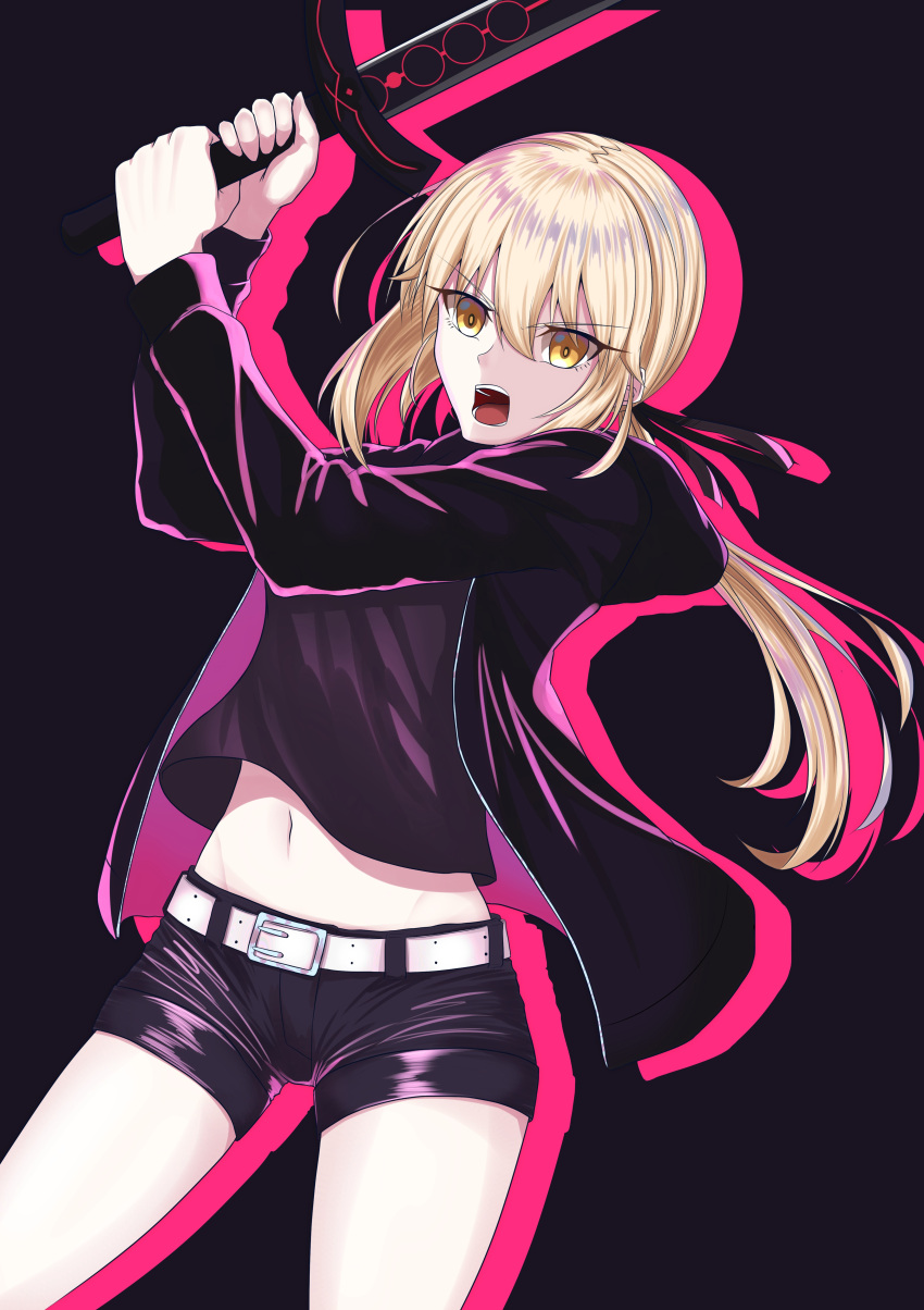 1girl absurdres arms_up artoria_pendragon_(all) belt black_background black_jacket black_ribbon black_shirt black_shorts cowboy_shot dark_excalibur eyebrows_visible_through_hair fate/stay_night fate_(series) floating_hair groin hair_between_eyes hair_ribbon hayata_(ayasaki_index) highres holding holding_sword holding_weapon jacket long_hair midriff navel open_clothes open_jacket open_mouth ponytail ribbon saber_alter shadow shirt short_shorts shorts silver_hair simple_background solo stomach sword weapon yellow_eyes