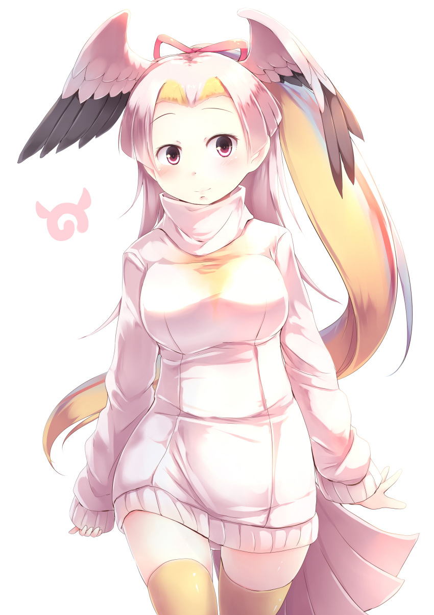 1girl absurdres bird_tail bird_wings blonde_hair blush bow commentary dress forehead great_white_pelican_(kemono_friends) hair_bow hair_intakes head_wings highres kanzakietc kemono_friends long_hair long_sleeves looking_at_viewer multicolored_hair pink_hair ponytail red_eyes redhead sleeves_past_wrists solo sweater sweater_dress thigh-highs turtleneck turtleneck_sweater very_long_hair white_hair wings yellow_legwear zettai_ryouiki