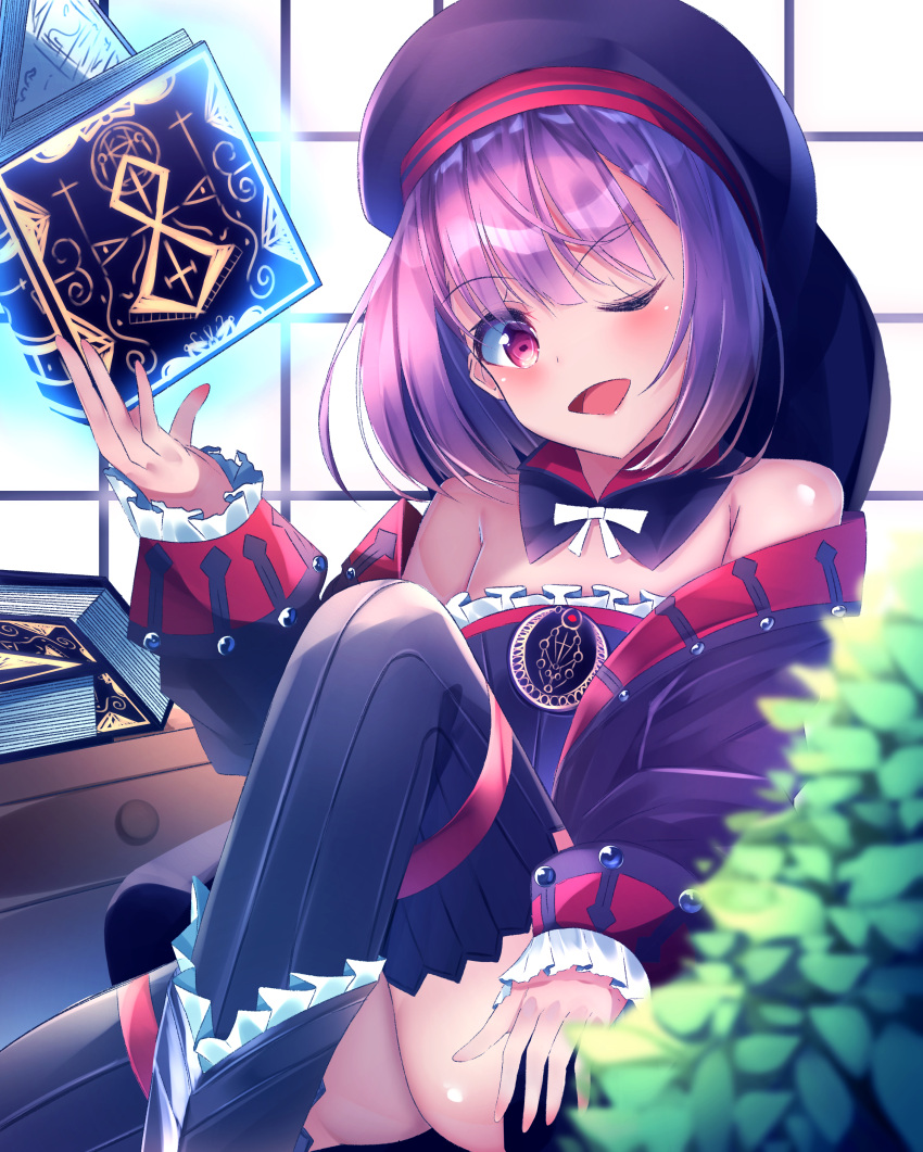 1girl absurdres bangs bare_shoulders blush book buckle collar commentary_request dress eyebrows_visible_through_hair fate/grand_order fate_(series) grimoire helena_blavatsky_(fate/grand_order) highres holding holding_book leg_up long_sleeves one_eye_closed open_mouth purple_hair red_eyes short_dress sitting sleeves_past_wrists solo suisen-21 thigh-highs