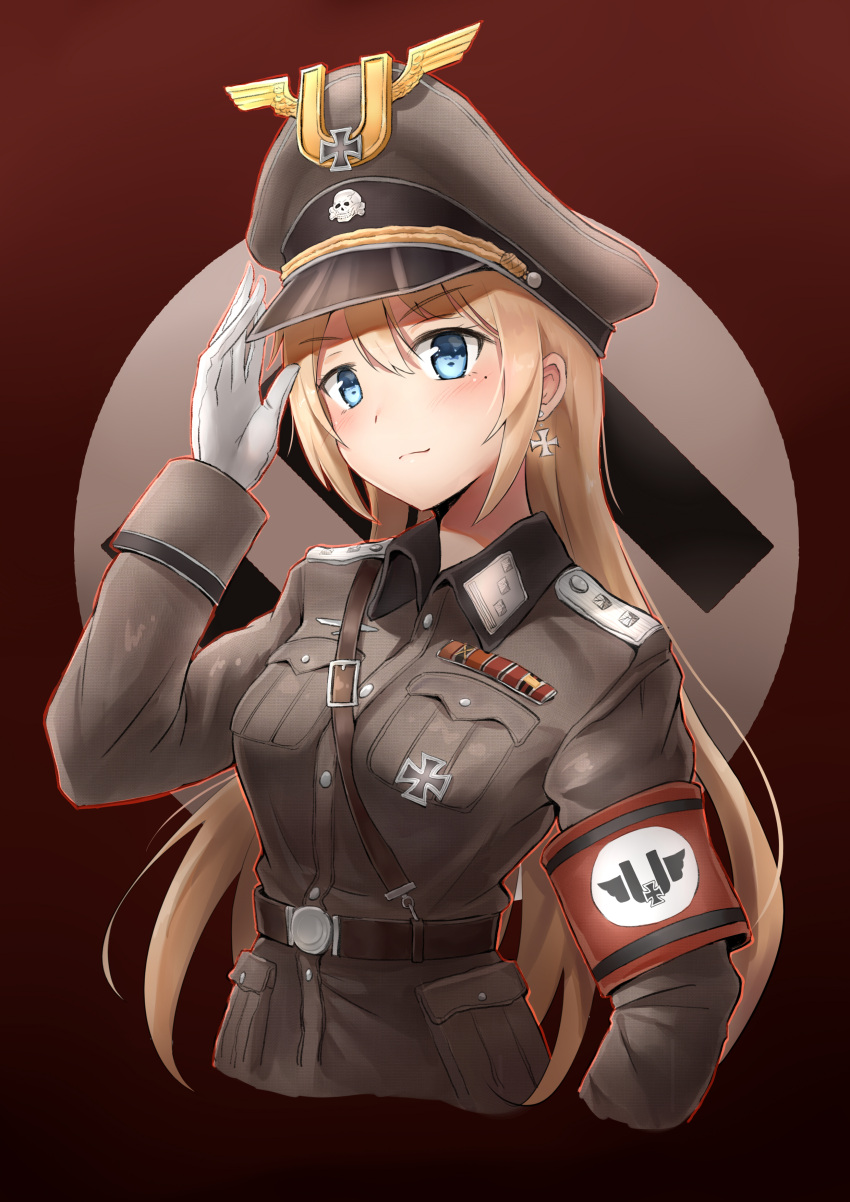 1girl absurdres armband blonde_hair blue_eyes blush breasts closed_mouth collared_shirt earrings eyebrows_visible_through_hair gloves highres iron_cross jewelry large_breasts long_hair looking_at_viewer mole mole_under_eye nazi original shirt smile solo swastika unicron_(brous) upper_body white_gloves