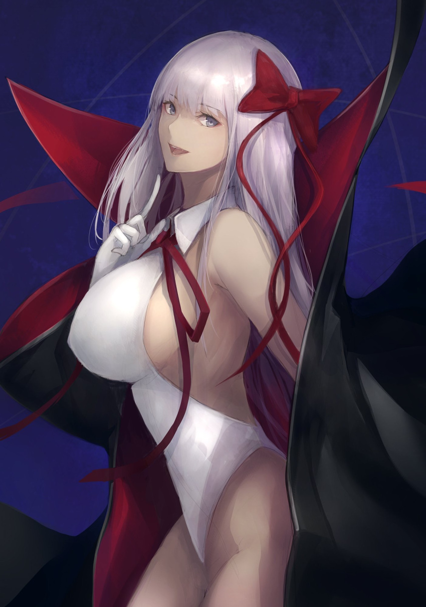 1girl :d bangs bb_(fate)_(all) bb_(swimsuit_mooncancer)_(fate) black_cape bow breasts cape commentary eyebrows_visible_through_hair fate/grand_order fate_(series) gloves hair_between_eyes hair_bow hand_up head_tilt highres index_finger_raised large_breasts leotard long_hair long_sleeves looking_at_viewer marumoru multicolored multicolored_cape multicolored_clothes neck_ribbon open_mouth purple_hair red_bow red_cape red_ribbon ribbon smile solo very_long_hair violet_eyes white_gloves white_leotard wide_sleeves wing_collar