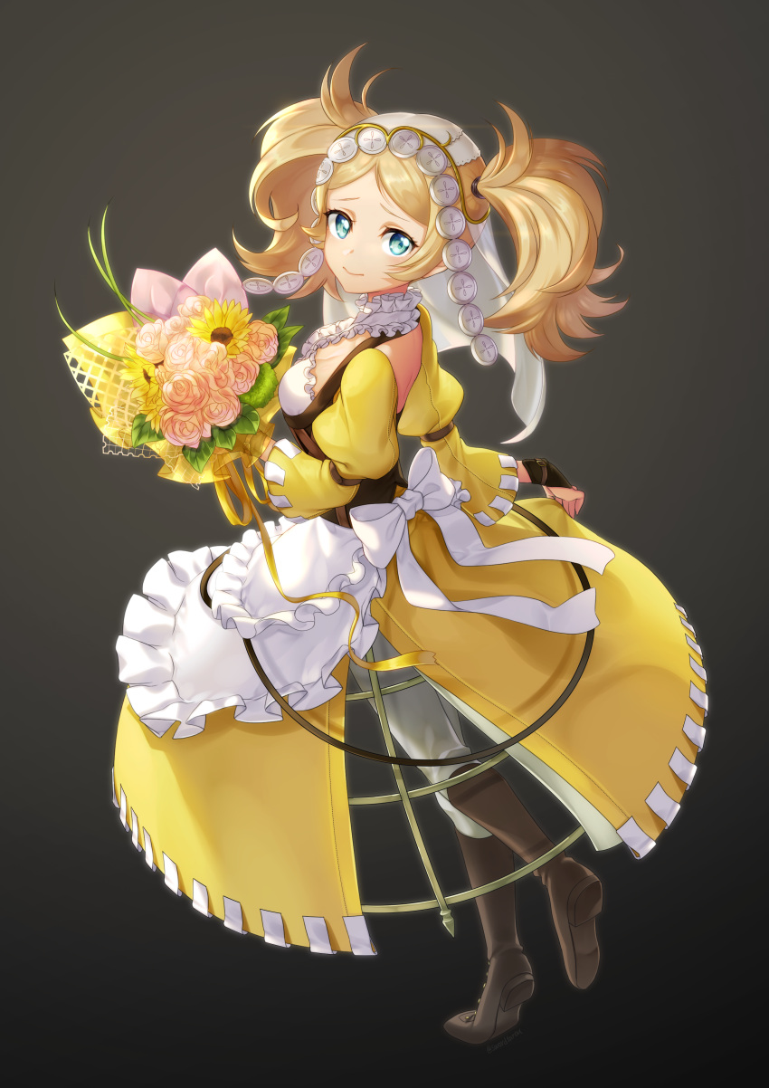 1girl absurdres apron bangs black_background blonde_hair blue_eyes boots bouquet breasts cleavage corset dress fingerless_gloves fire_emblem fire_emblem:_kakusei flower full_body gloves hair_ornament highres liz_(fire_emblem) looking_at_viewer miyakawa_koromo pants parted_bangs simple_background small_breasts solo standing sunflower tareme twintails veil yellow_dress