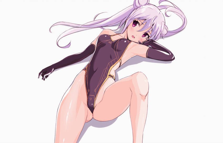 1girl double_bun elbow_gloves eyebrows_visible_through_hair gloves highleg highleg_swimsuit lavender_hair long_hair lying on_back one-piece_swimsuit open_mouth original sakuraidai solo spread_legs swimsuit twintails violet_eyes white_background