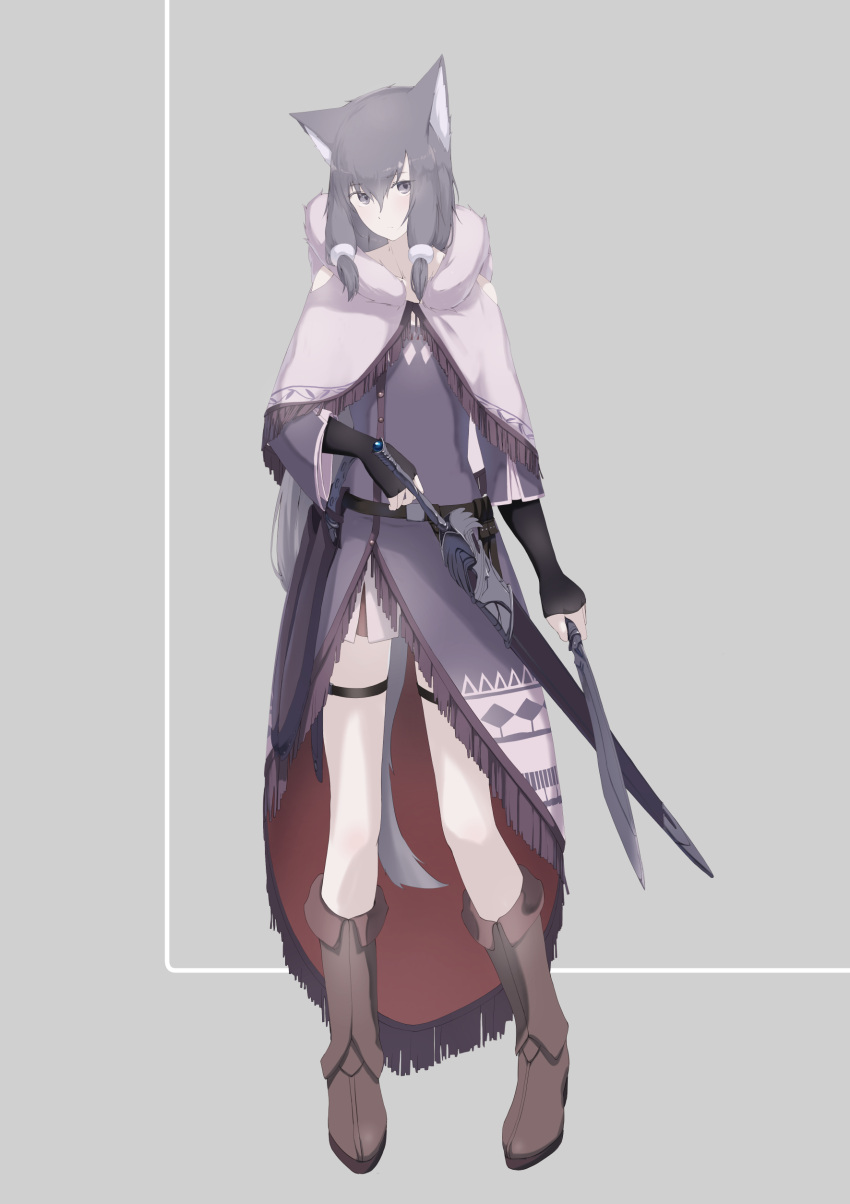 1girl absurdres animal_ears arm_warmers bare_shoulders boots fantasy full_body grey_eyes grey_hair highres long_hair mikisai original robe scabbard shawl sheath sheathed simple_background solo sword tail very_long_hair weapon wide_sleeves